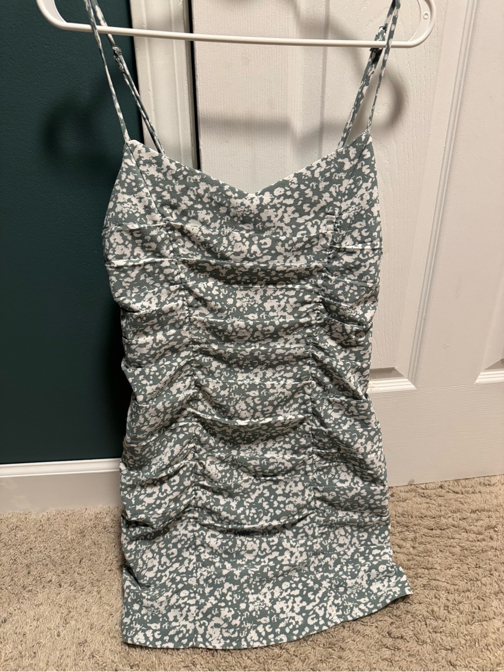 Abercrombie & Fitch Green and White Ruched Spaghetti Strap Dress